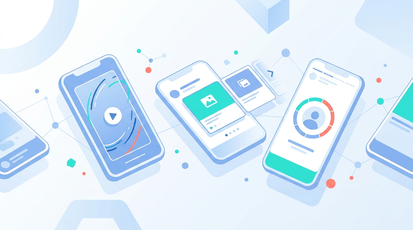 Illustration formats réseaux sociaux 2025 — smartphones et contenus digitaux