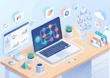 Illustration isométrique d'un bureau digital : CRM, e-mails et workflows d'automatisation marketing pour PME