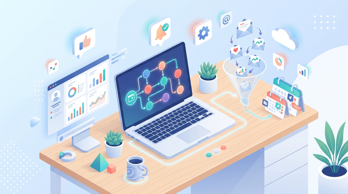 Illustration isométrique d'un bureau digital : CRM, e-mails et workflows d'automatisation marketing pour PME