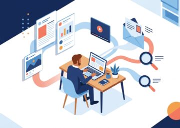 Illustration d'un dirigeant qui organise articles, vidéo, newsletter et recherche autour d'une stratégie de contenu de marque