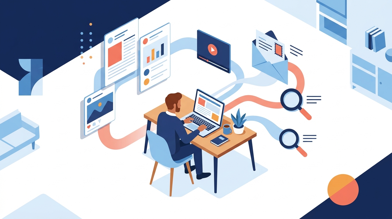 Illustration d'un dirigeant qui organise articles, vidéo, newsletter et recherche autour d'une stratégie de contenu de marque